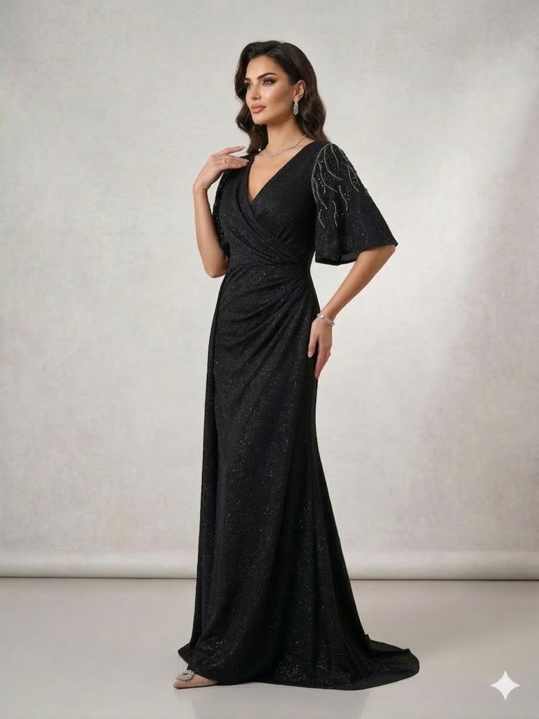 LACRİMA Yarım Kol Parlak Kumaş Abiye 8200 B.B - Siyah