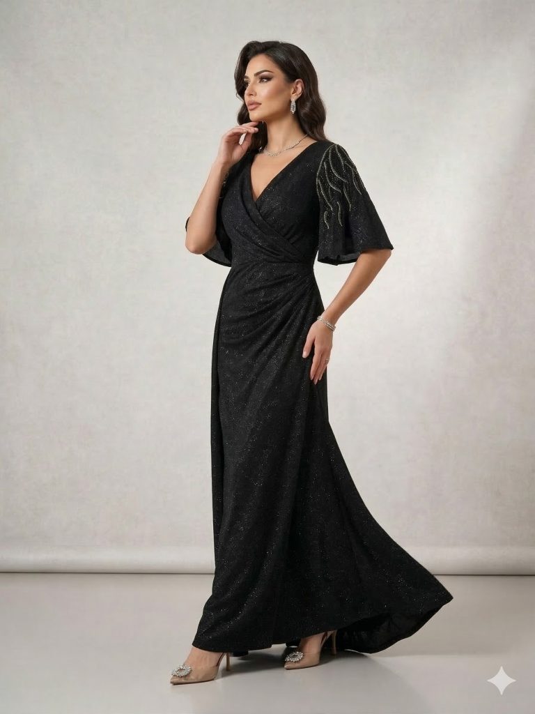 LACRİMA Yarım Kol Parlak Kumaş Abiye 8200 B.B - Siyah