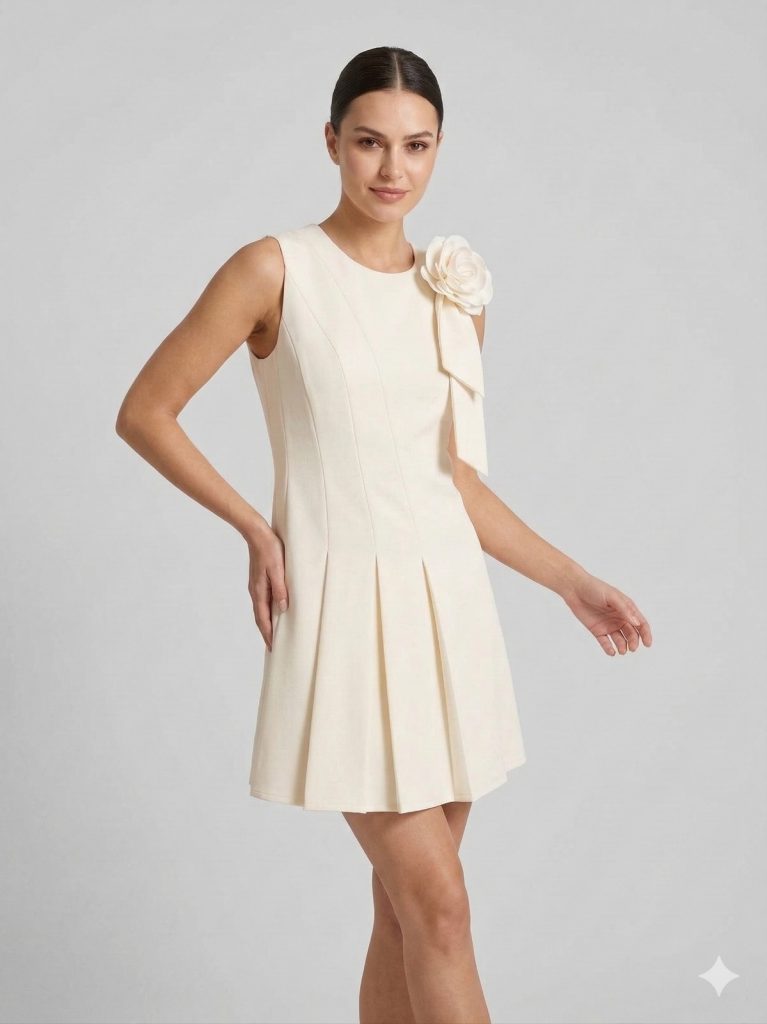 EKOL Çiçek Detaylı Pileli Elbise 6136 - EKRU