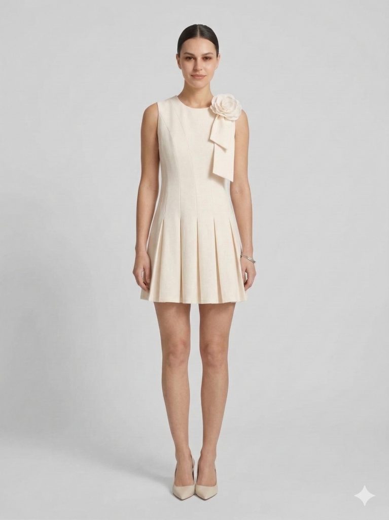 EKOL Çiçek Detaylı Pileli Elbise 6136 - EKRU