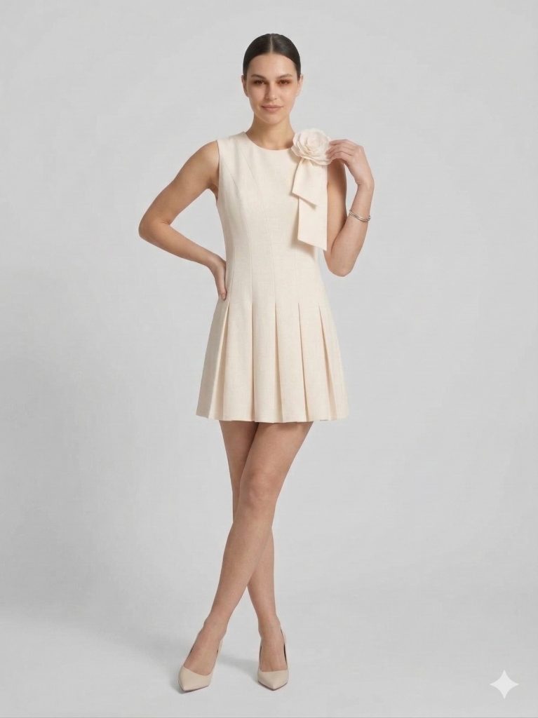 EKOL Çiçek Detaylı Pileli Elbise 6136 - EKRU