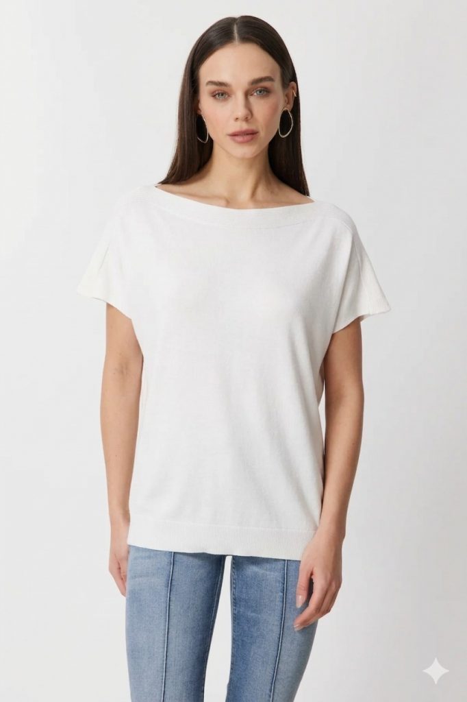 ON TRİKO Kayık Yaka Kısa Kollu Bluz 76370 - Beyaz