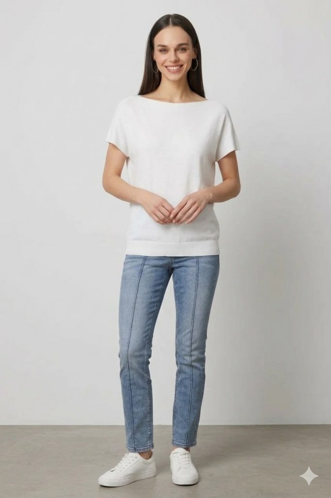 ON TRİKO Kayık Yaka Kısa Kollu Bluz 76370 - Beyaz