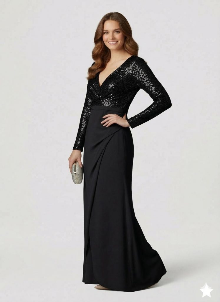 DORİDORCA Pul Payetli Çapraz Yırtmaçlı Elbise 5033 B.B - Siyah