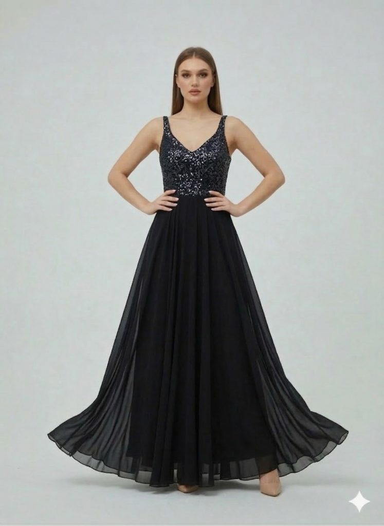 DORİDORCA Önü Yırtmaçlı Pul Payetli Elbise 5045 - Siyah