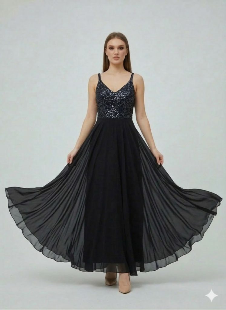 DORİDORCA Önü Yırtmaçlı Pul Payetli Elbise 5045 - Siyah