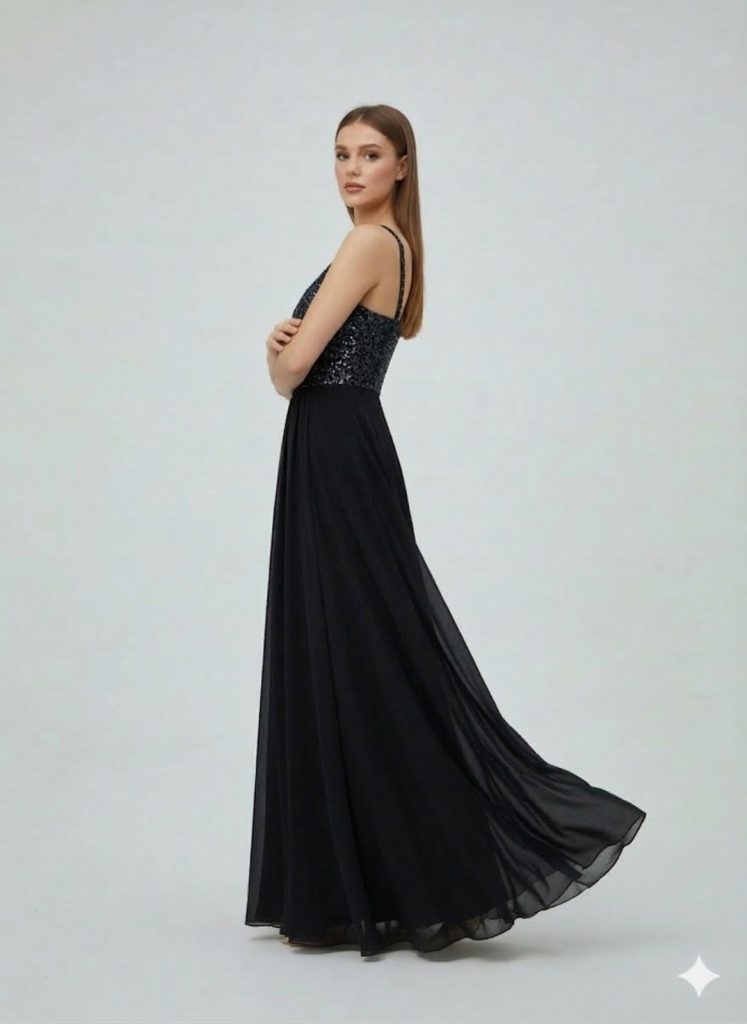 DORİDORCA Önü Yırtmaçlı Pul Payetli Elbise 5045 - Siyah