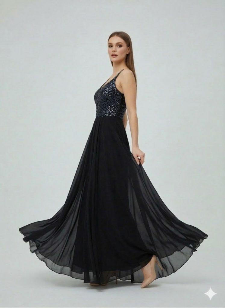 DORİDORCA Önü Yırtmaçlı Pul Payetli Elbise 5045 - Siyah