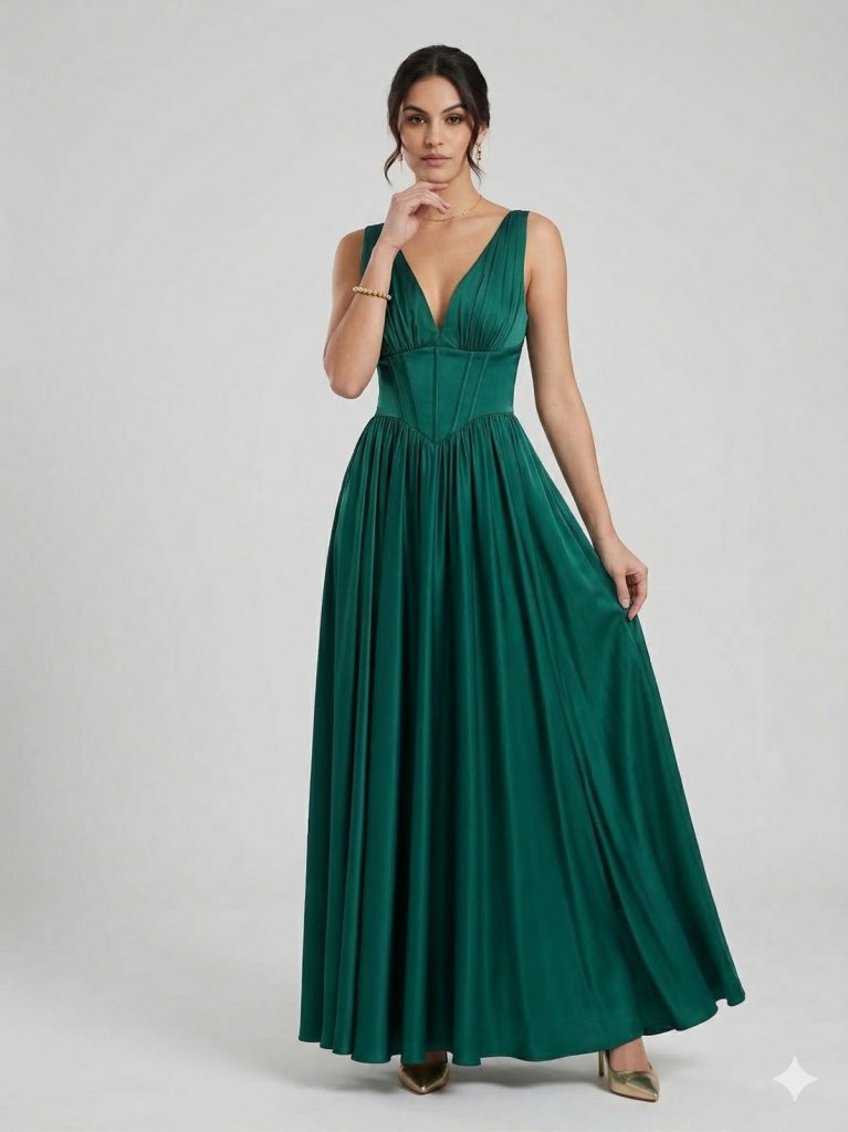 DORİDORCA Korse Detaylı Arkadan Bağlamalı Elbise 7091 - YEŞİL