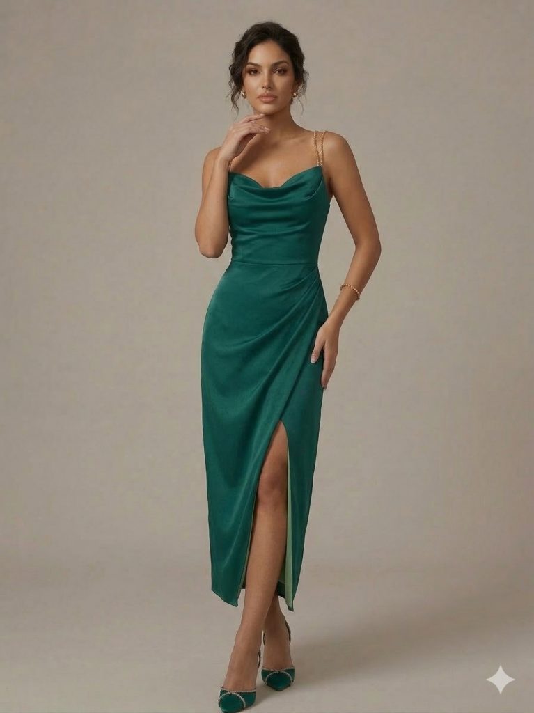 DORİDORCA Taş Askılı Yırtmaçlı Elbise  5026 - YEŞİL