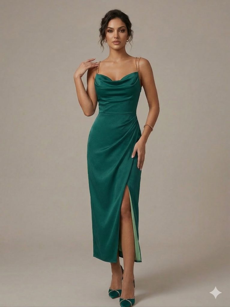 DORİDORCA Taş Askılı Yırtmaçlı Elbise  5026 - YEŞİL