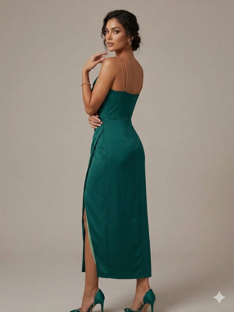 DORİDORCA Taş Askılı Yırtmaçlı Elbise  5026 - YEŞİL