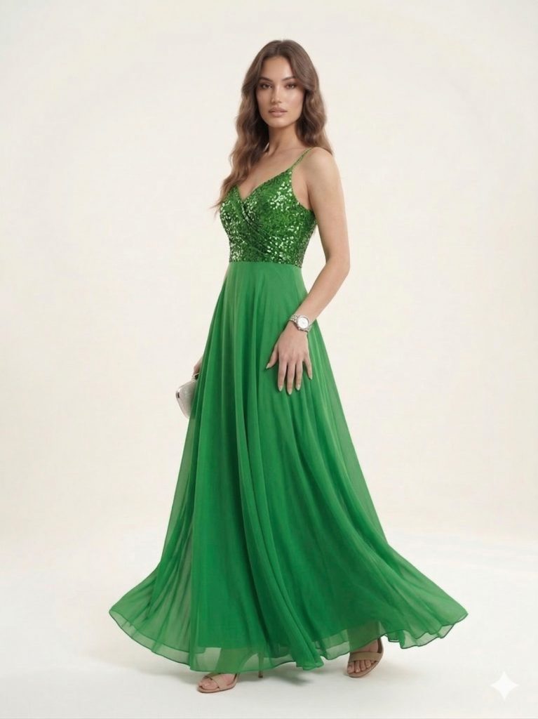 DORİDORCA Önü Yırtmaçlı Pul Payetli Elbise 5045 - YEŞİL