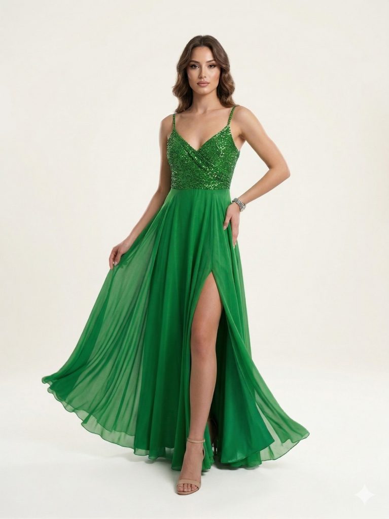 DORİDORCA Önü Yırtmaçlı Pul Payetli Elbise 5045 - YEŞİL