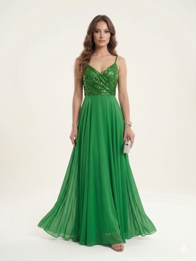 DORİDORCA Önü Yırtmaçlı Pul Payetli Elbise 5045 - YEŞİL