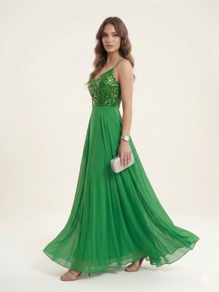 DORİDORCA Önü Yırtmaçlı Pul Payetli Elbise 5045 - YEŞİL