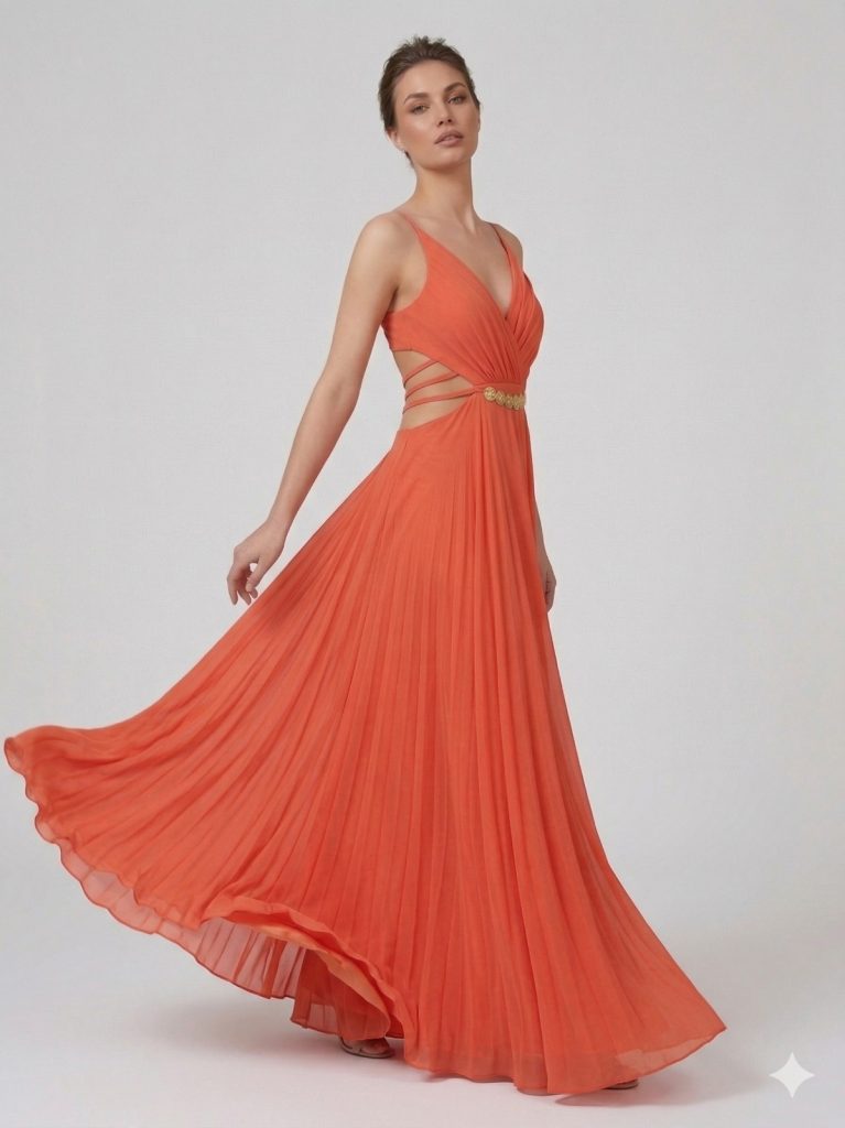 DORİDORCA Aksesuar Detaylı Askılı Abiye Elbise 5025 - oranj