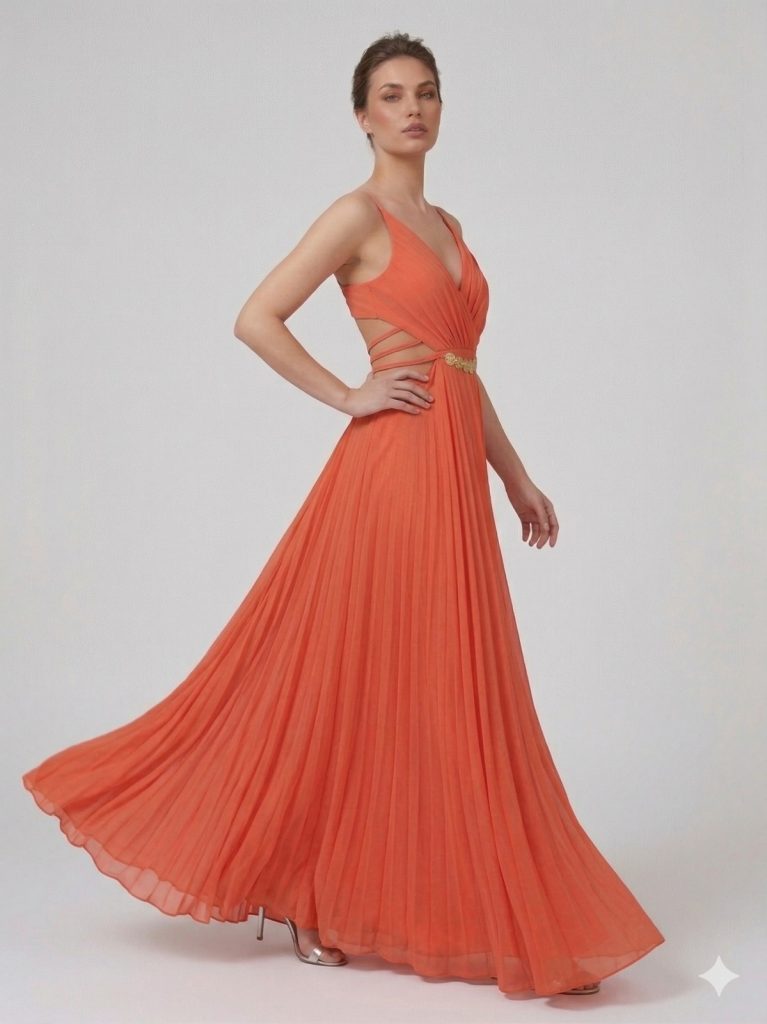 DORİDORCA Aksesuar Detaylı Askılı Abiye Elbise 5025 - oranj