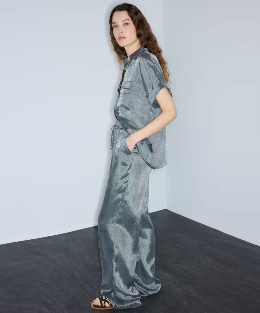 İPEKYOL Parlak Dokulu Wide Leg Pantolon IS1260003245 - GRİ