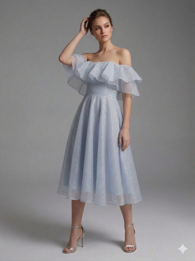 DORİDORCA Tül Detaylı Abiye Elbise  6013 - MAVİ