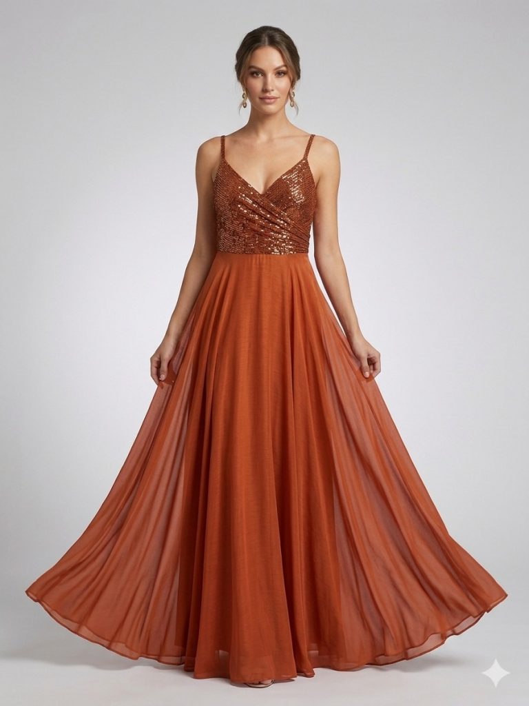 DORİDORCA Önü Yırtmaçlı Pul Payetli Elbise 5045 - KİREMİT