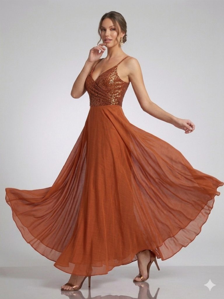 DORİDORCA Önü Yırtmaçlı Pul Payetli Elbise 5045 - KİREMİT