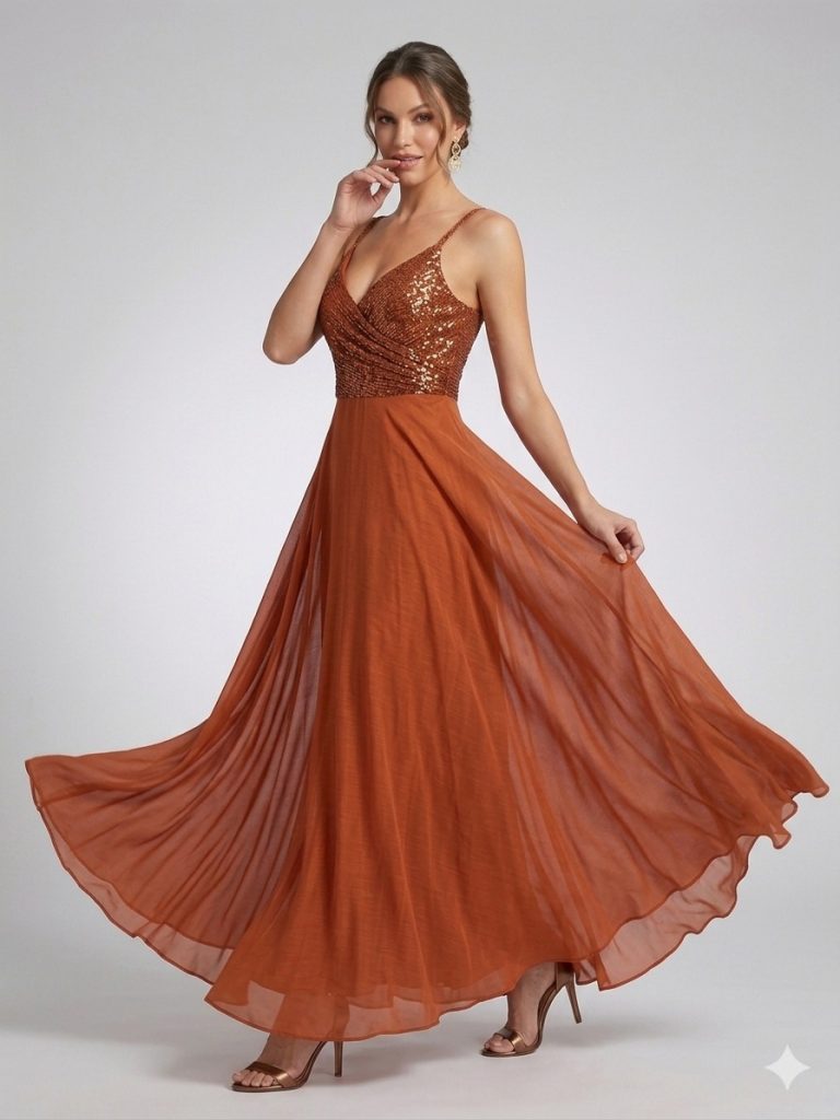 DORİDORCA Önü Yırtmaçlı Pul Payetli Elbise 5045 - KİREMİT