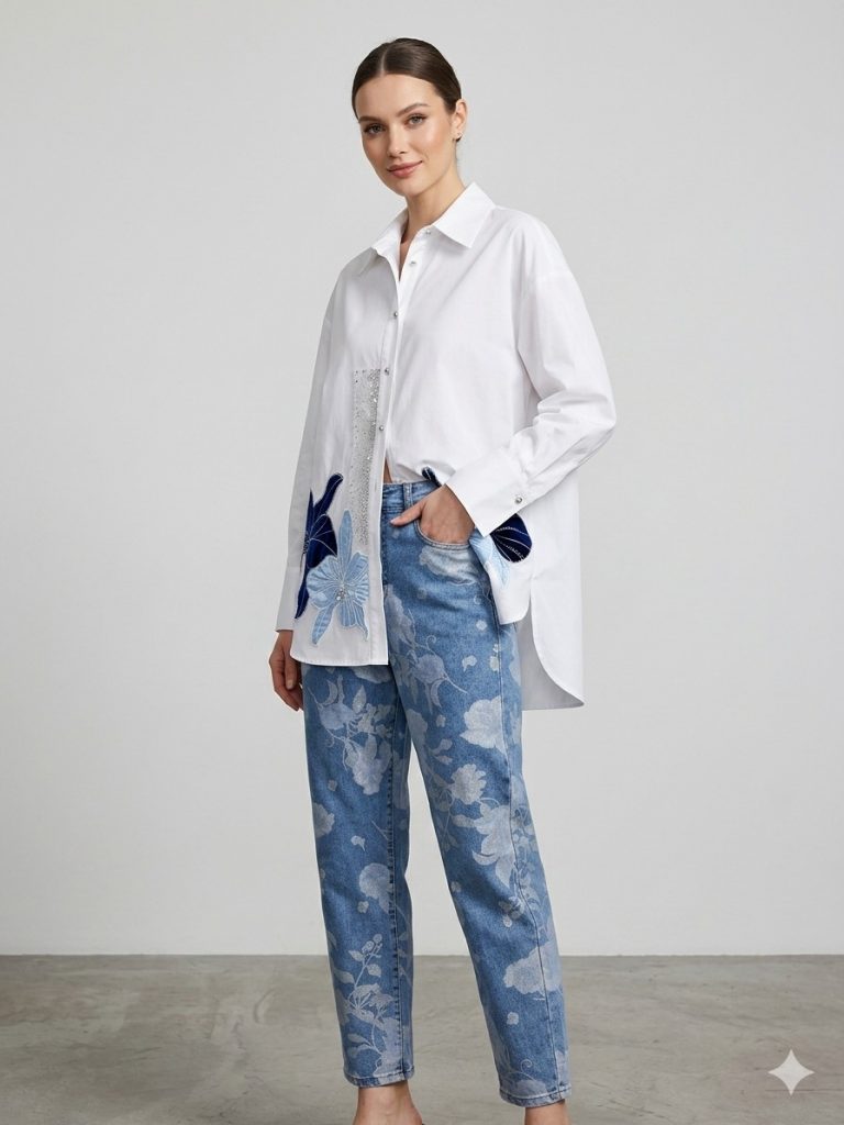 MY312 Çiçek Nakışlı Gömlek 8832 - EKRU