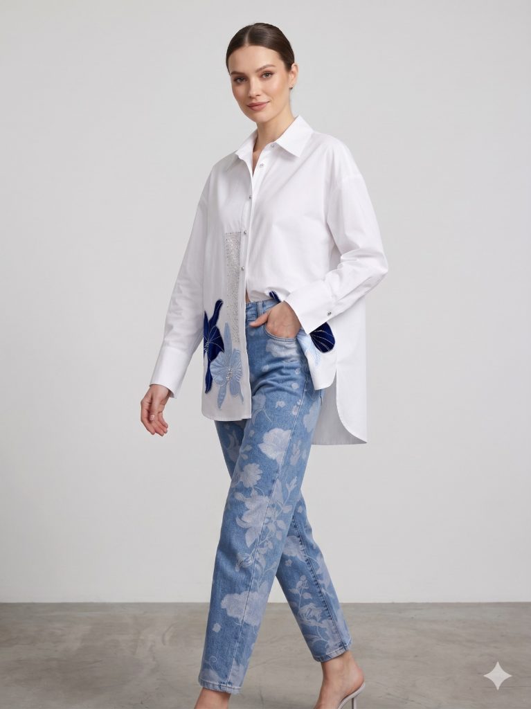 MY312 Çiçek Nakışlı Gömlek 8832 - EKRU