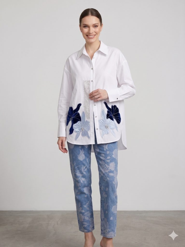 MY312 Çiçek Nakışlı Gömlek 8832 - EKRU