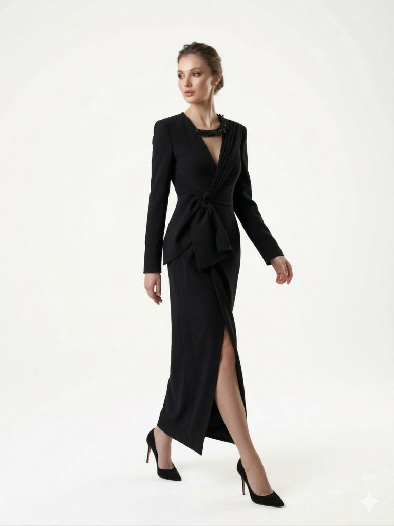 ALFABETA Aksesuar Detaylı V Yaka Abiye Elbise  6344 - Siyah