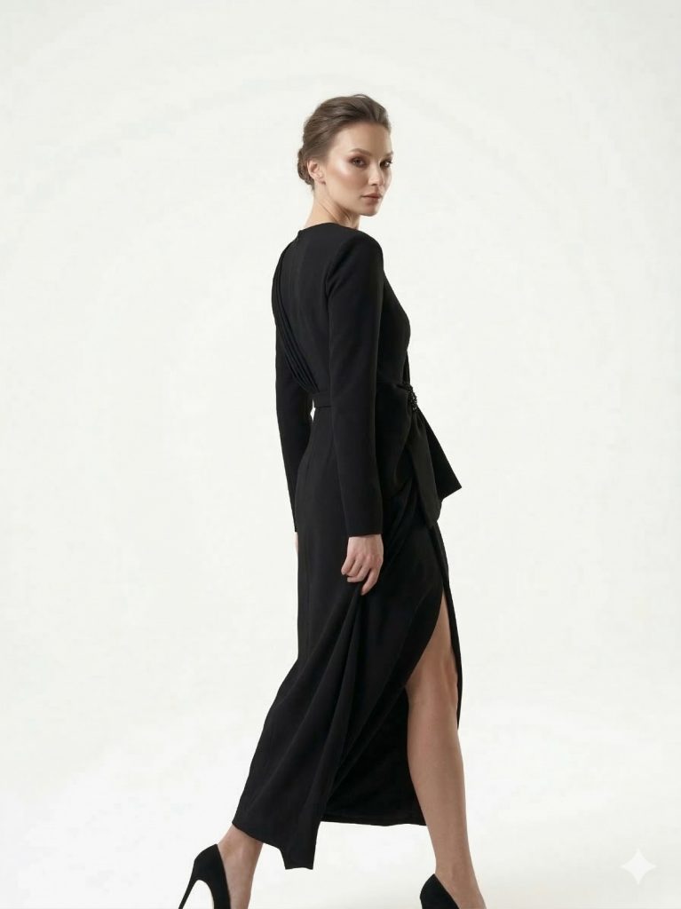 ALFABETA Aksesuar Detaylı V Yaka Abiye Elbise  6344 - Siyah