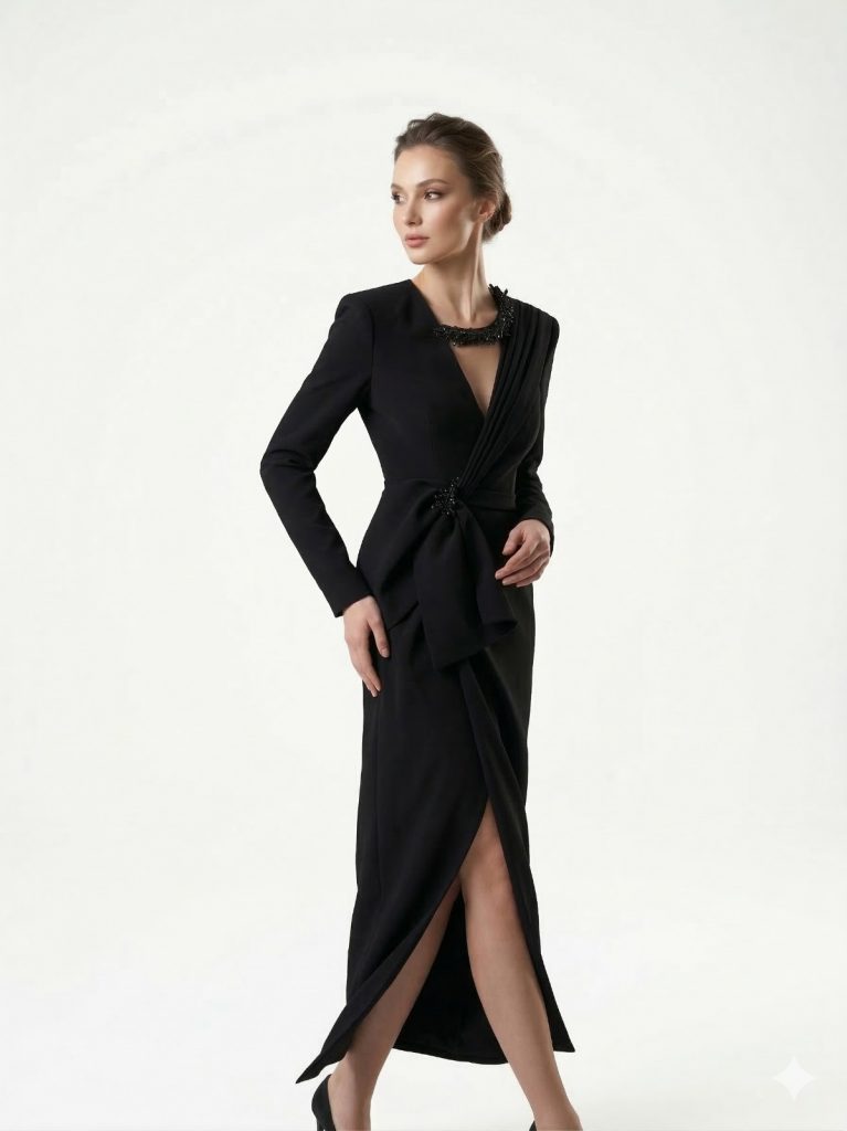 ALFABETA Aksesuar Detaylı V Yaka Abiye Elbise  6344 - Siyah