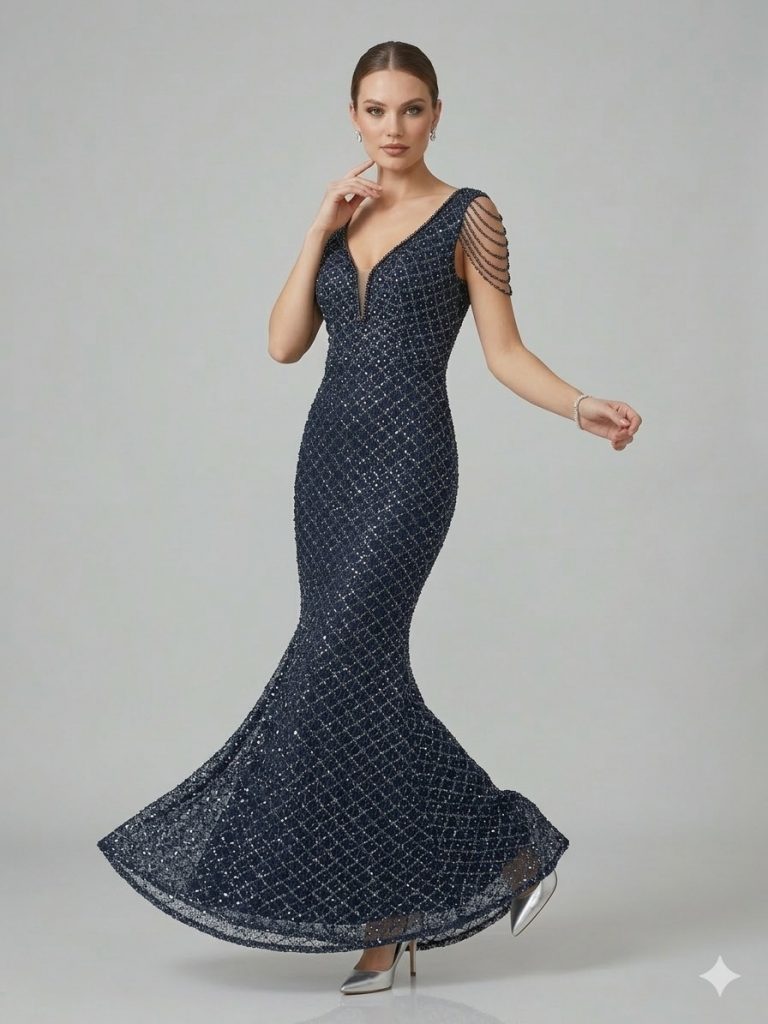 ALİN Kendinden Taş İşlemeli Abiye Elbise 1649 - Lacivert