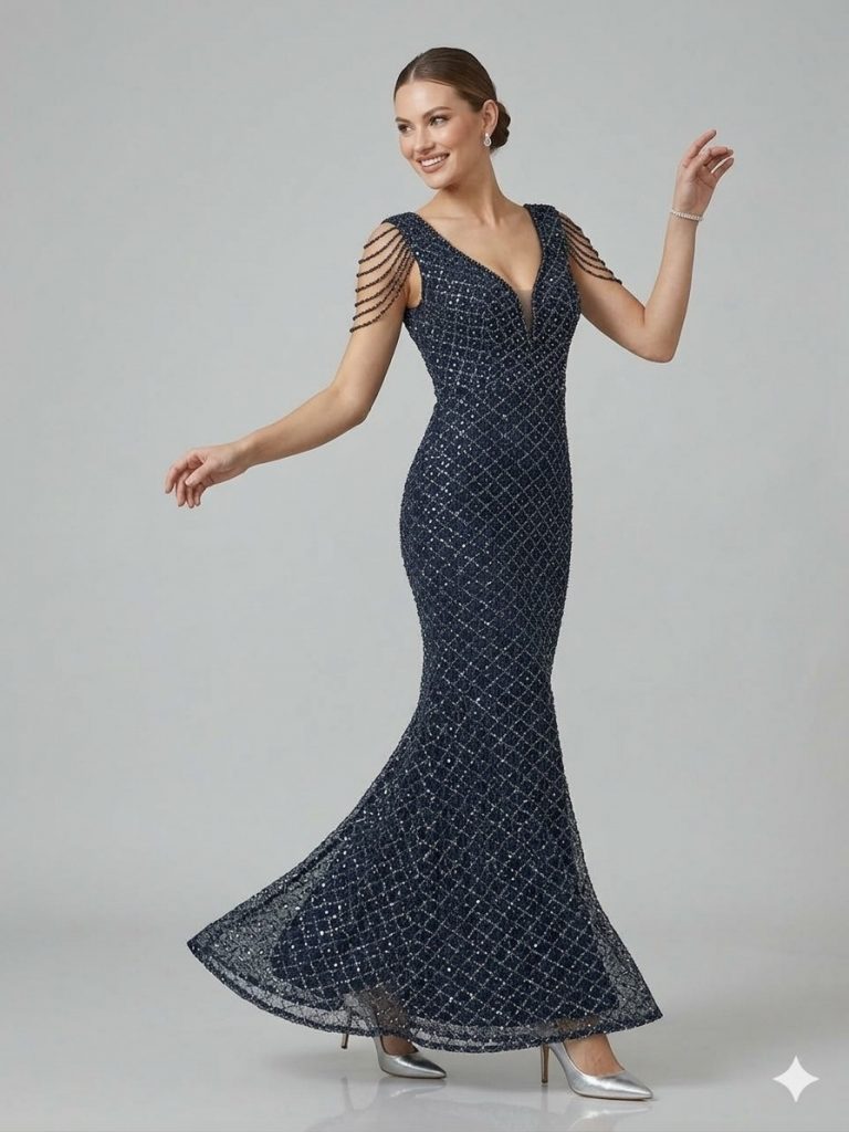 ALİN Kendinden Taş İşlemeli Abiye Elbise 1649 - Lacivert