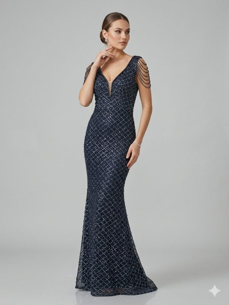 ALİN Kendinden Taş İşlemeli Abiye Elbise 1649 - Lacivert