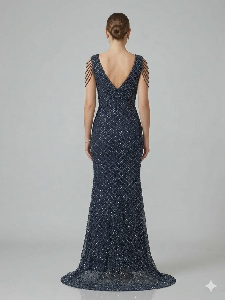 ALİN Kendinden Taş İşlemeli Abiye Elbise 1649 - Lacivert