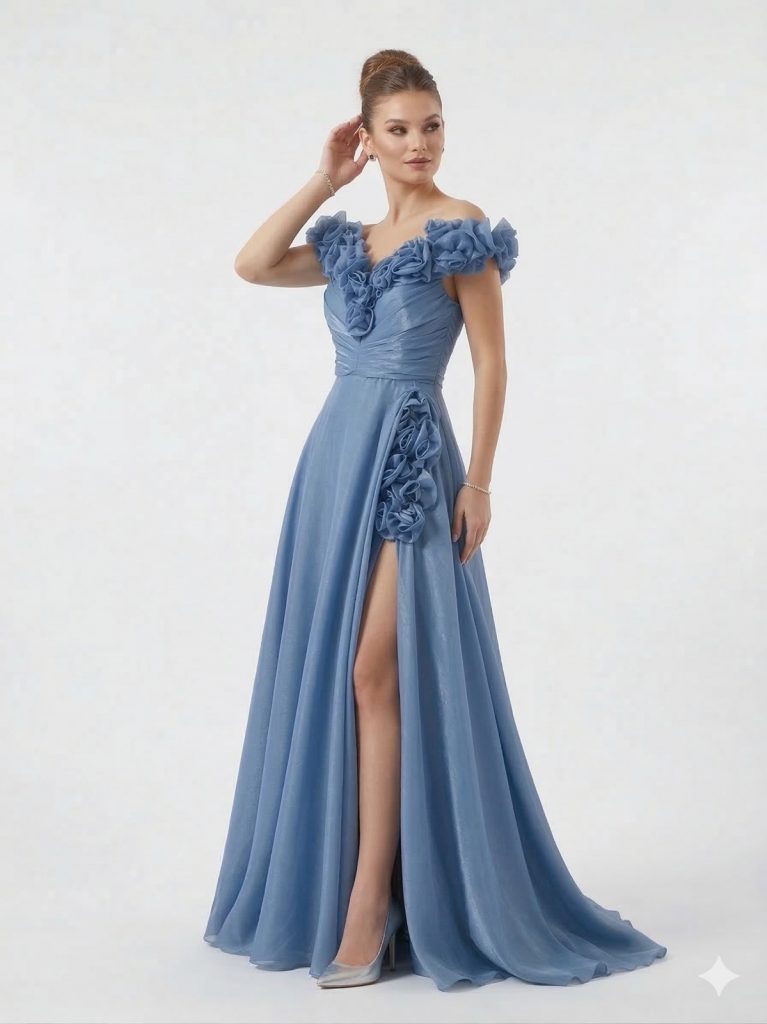 ALİN Güpür Detaylı Yırtmaçlı Abiye Elbise  1836 - İNDİGO