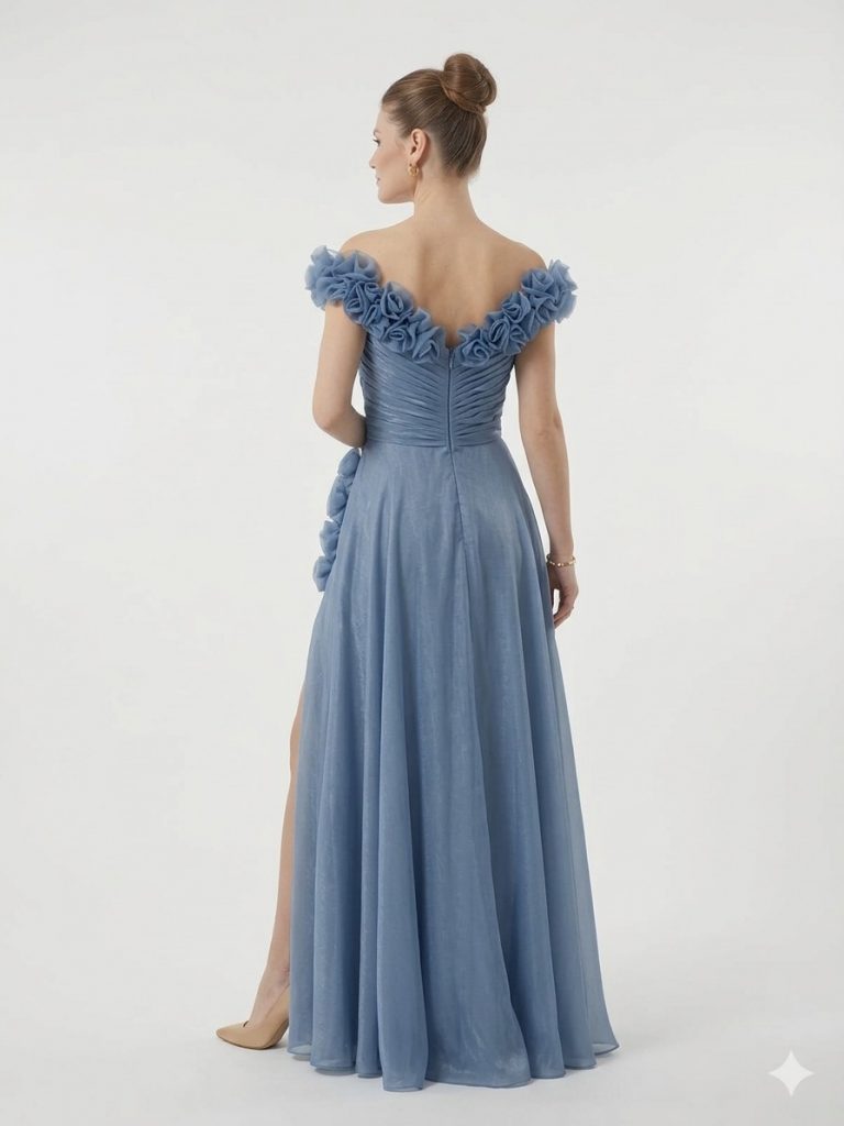 ALİN Güpür Detaylı Yırtmaçlı Abiye Elbise  1836 - İNDİGO