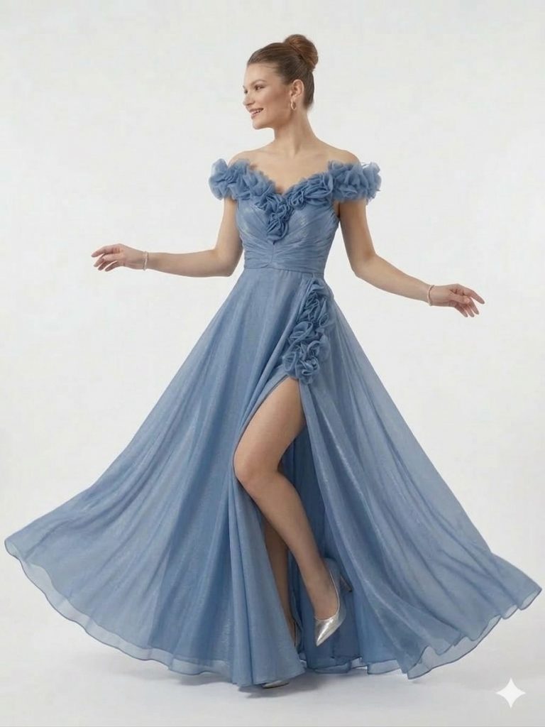 ALİN Güpür Detaylı Yırtmaçlı Abiye Elbise  1836 - İNDİGO