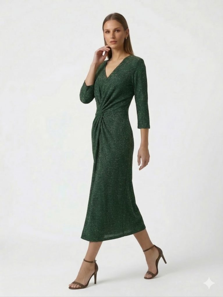 BEETHOVEN Simli Hafif V Yaka Abiye Elbise 0093 - YEŞİL