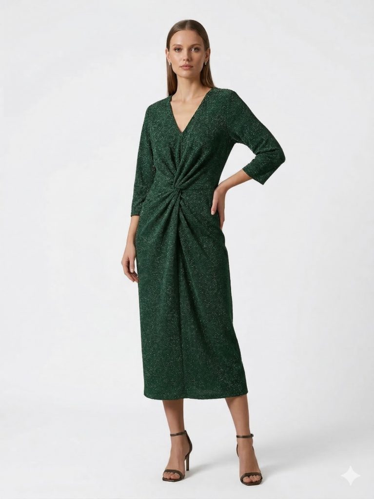 BEETHOVEN Simli Hafif V Yaka Abiye Elbise 0093 - YEŞİL