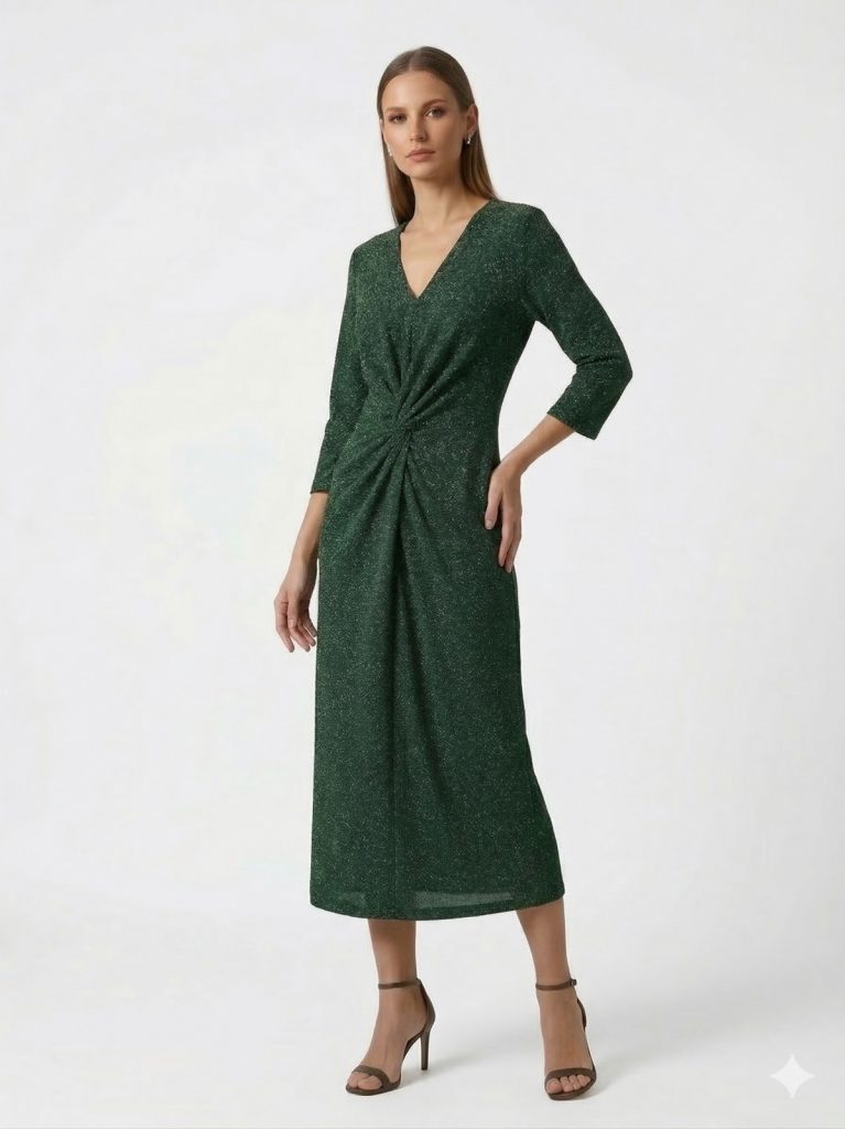 BEETHOVEN Simli Hafif V Yaka Abiye Elbise 0093 - YEŞİL