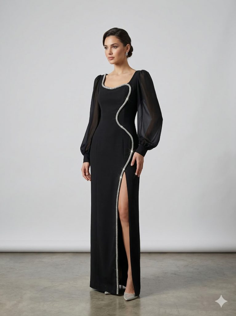 BEETHOVEN Taş Detaylı Abiye Elbise 3459 - Siyah