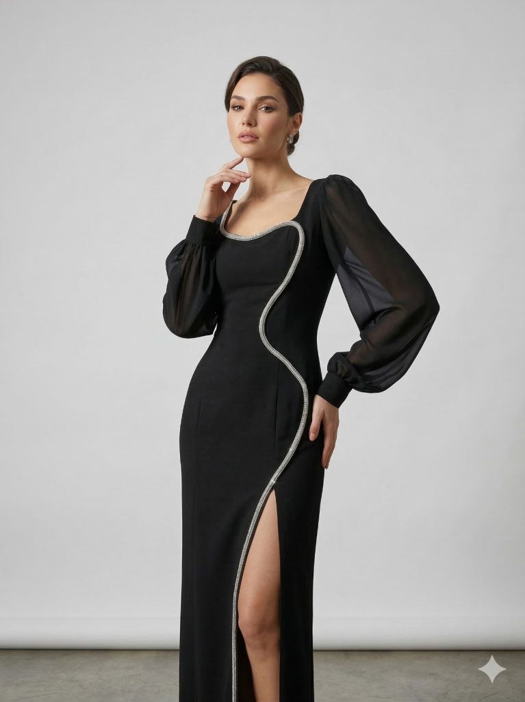 BEETHOVEN Taş Detaylı Abiye Elbise 3459 - Siyah