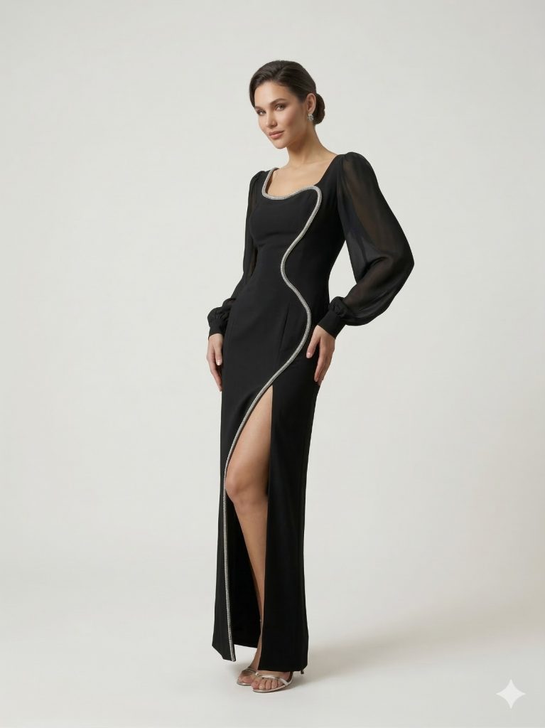 BEETHOVEN Taş Detaylı Abiye Elbise 3459 - Siyah