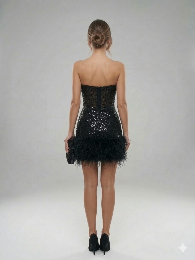 BEETHOVEN Etek Ucu Tüylü Elbise 8195 - Siyah