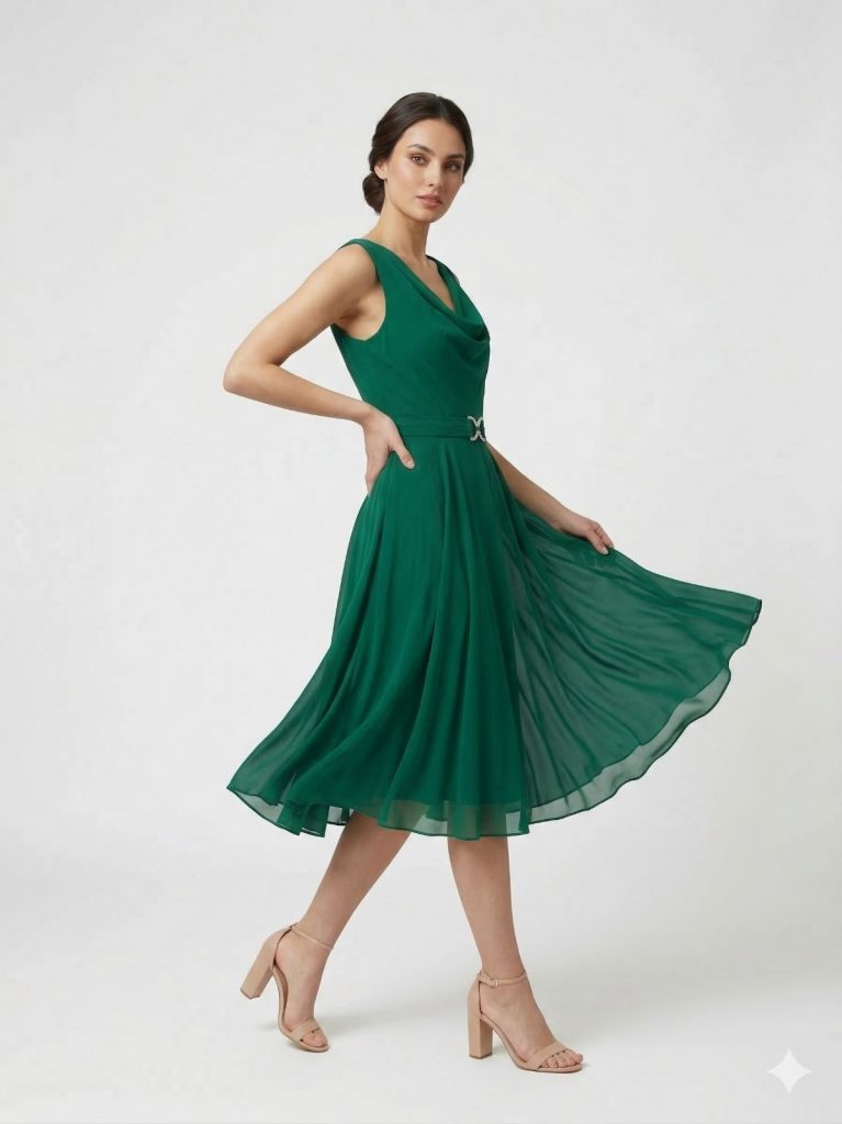 BİEN LİFE Kemer Detaylı Döküm Yaka Elbise 2418 - YEŞİL