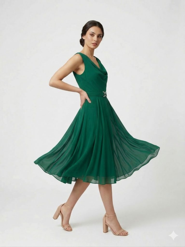 BİEN LİFE Kemer Detaylı Döküm Yaka Elbise 2418 - YEŞİL