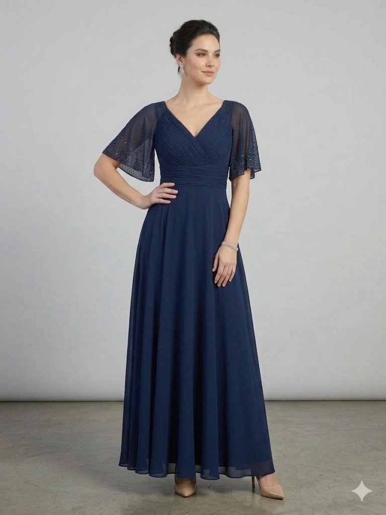 CANCECE SO LADY Kolları Taş Detaylı V Yaka Abiye Elbise 1029 - Lacivert